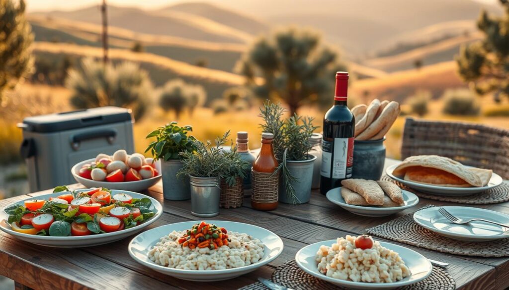 A beautifully arranged Italian dining table set outdoors under soft golden hour lighting. In the foreground, a rustic wooden table is laden with a variety of traditional Italian dishes, including a colorful Caprese salad, creamy risotto, and a selection of artisanal breads. To the side, a bottle of rich red wine rests in a stylish cooler. In the middle ground, vibrant potted herbs like basil and rosemary add freshness, while elegant place settings include fine plates and woven placemats. The background features rolling hills dotted with olive trees, evoking a warm, inviting Italian countryside atmosphere. The mood is relaxed and convivial, capturing the essence of shared meals and cultural connections. The image is captured with a shallow depth of field, focusing on the food while softly blurring the surrounding scenery, creating an intimate culinary experience.
