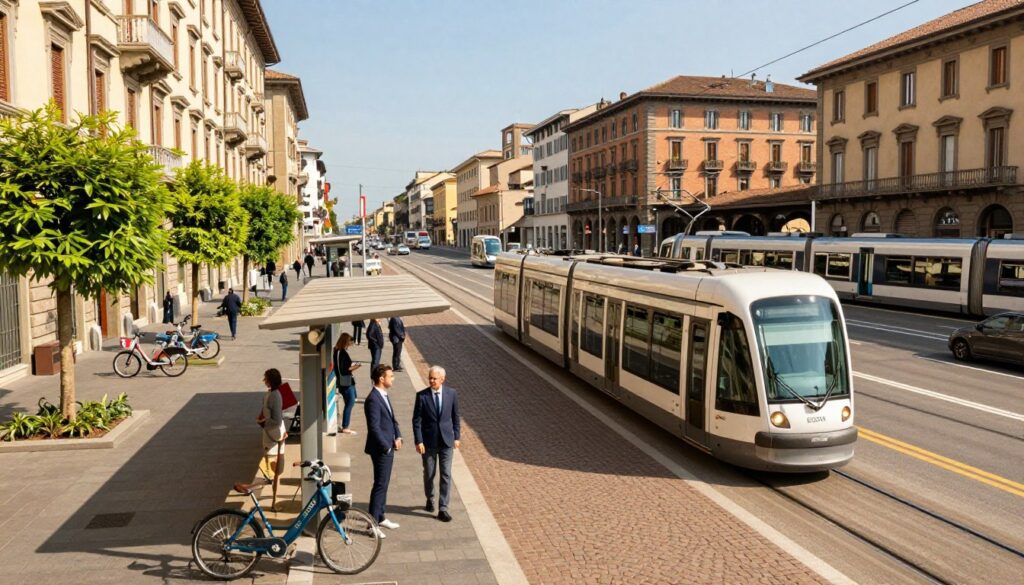 A bustling city street in Italy during the day, showcasing various modes of transport. In the foreground, a modern electric tram glides smoothly along its tracks, with a few commuters in professional business attire waiting at the stop. In the middle ground, elegant cobblestone streets are lined with traditional Italian buildings, adorned with vibrant greenery. Public bicycles are available for rent, accompanied by a nearby bus stop displaying routes. The background features a busy train station with sleek trains arriving and departing, framed by a clear blue sky. Soft sunlight casts warm shadows, creating an inviting atmosphere. The angle is slightly elevated, providing a dynamic view of the transport scene, capturing the essence of daily life in a vibrant Italian city. A bustling city street in Italy during the day, showcasing various modes of transport. In the foreground, a modern electric tram glides smoothly along its tracks, with a few commuters in professional business attire waiting at the stop. In the middle ground, elegant cobblestone streets are lined with traditional Italian buildings, adorned with vibrant greenery. Public bicycles are available for rent, accompanied by a nearby bus stop displaying routes. The background features a busy train station with sleek trains arriving and departing, framed by a clear blue sky. Soft sunlight casts warm shadows, creating an inviting atmosphere. The angle is slightly elevated, providing a dynamic view of the transport scene, capturing the essence of daily life in a vibrant Italian city.