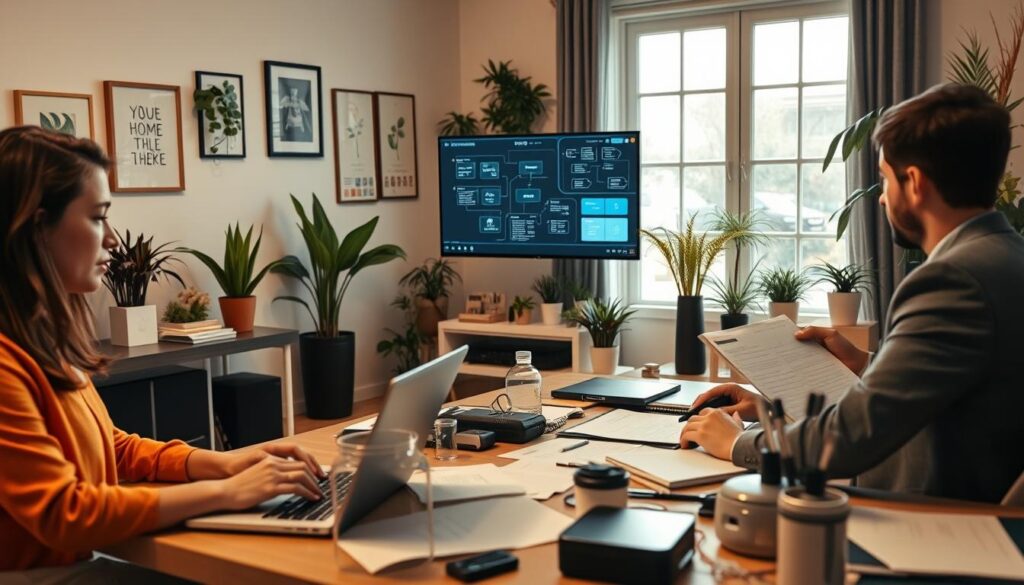 A bustling home office scene, featuring a diverse group of freelancers and small business owners engaged in various tasks. In the foreground, a woman in smart casual attire types on a laptop, while a man in a business suit reviews documents at a desk cluttered with notes and digital devices. In the middle ground, a screen displays flowcharts and automated project management tools, illustrating the integration of AI. The background reveals a cozy workspace adorned with plants, artwork, and a large window letting in soft natural light, creating an inviting atmosphere. The overall mood is productive and collaborative, highlighting the dynamic workflows enabled by technology. Use a warm color palette to enhance the inviting feel, captured at a medium angle to provide depth.