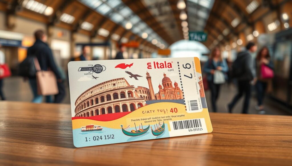 A close-up view of a colorful public transport ticket for a train in Italy, featuring intricate designs and vibrant colors that highlight iconic Italian landmarks like the Colosseum and gondolas. The ticket is placed on a wooden surface, with a blurred background that hints at a bustling railway station with travelers focused on their journeys. Soft, natural lighting creates a warm and inviting atmosphere. The focus is sharp on the ticket, while the station's blurred outlines convey a sense of movement and activity. Ensure there are no characters in the scene, maintaining a professional and informative tone relevant to travel logistics.