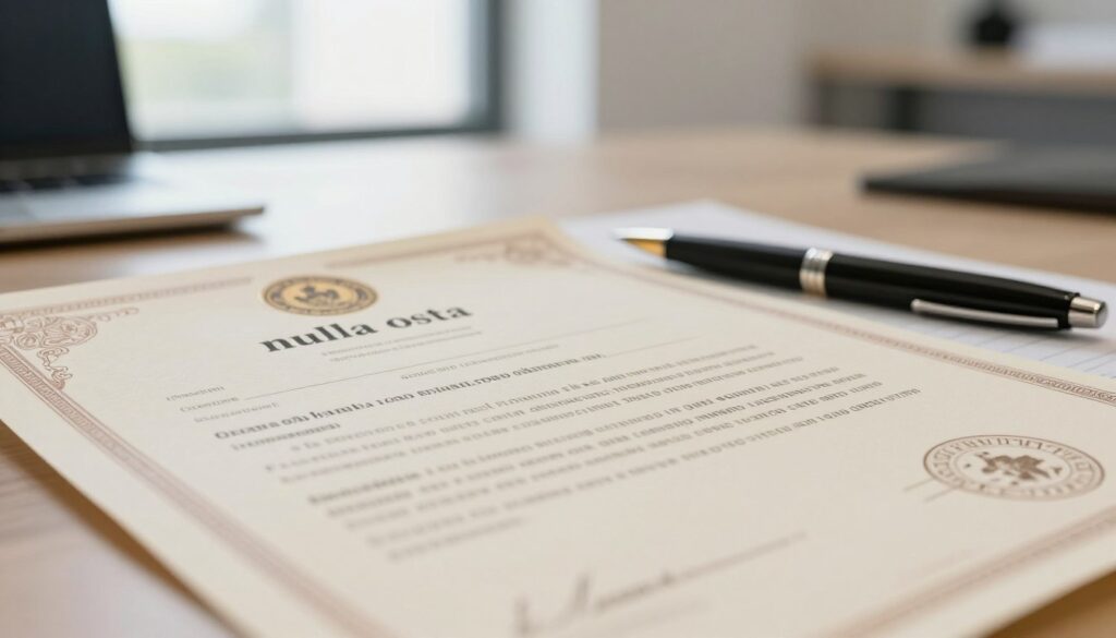 A close-up view of a "nulla osta" certificate, prominently displayed in the foreground, featuring ornate borders and an official seal for authenticity. The document is partially unfolded, revealing meticulously typed text in both Italian and English, symbolizing its importance for expats. In the middle, a sleek pen rests beside the certificate, implying impending signatures. The background consists of a softly blurred office setting, with natural light streaming in through a window, creating a warm and professional atmosphere. The image captures a mood of anticipation and clarity, making it visually appealing for readers seeking to understand this crucial document in their journey to Italy.