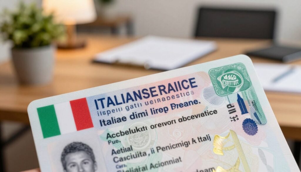 A close-up view of an Italian residence permit, prominently displayed in the foreground. The permit features intricate details, such as holographic elements, the Italian flag colors, and symbols associated with legal residency. In the middle ground, include a softly focused background of a cozy Italian office setting, with a wooden desk, a potted plant, and paperwork to suggest the application process. The ambient lighting is warm and inviting, creating a professional but welcoming atmosphere. Use a slight overhead angle to capture the permit clearly while ensuring the office environment feels approachable and organized. The overall mood is one of clarity and professionalism, reflecting the importance of securing residency in Italy.