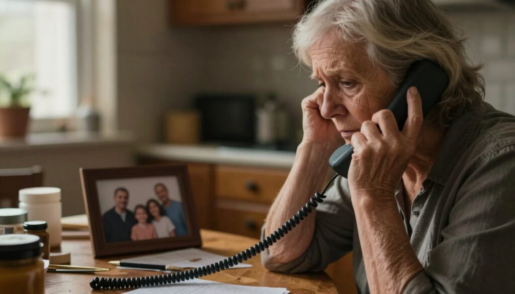 A concerned elderly person, sitting at a cluttered kitchen table with a telephone in hand, displaying a worried expression as they listen intently. The foreground features a close-up of their hands gripping the phone tightly, showing signs of anxiety. In the middle, a family photo is visible, hinting at the urgency of a family emergency. The background reveals a dimly lit room with a window casting soft, warm light, creating an intimate yet tense atmosphere. The focus is sharp on the elderly person, while the photo and background are slightly blurred to emphasize their emotion. Overall, the image should evoke a sense of urgency and vulnerability, highlighting the emotional impact of grandparent scams.