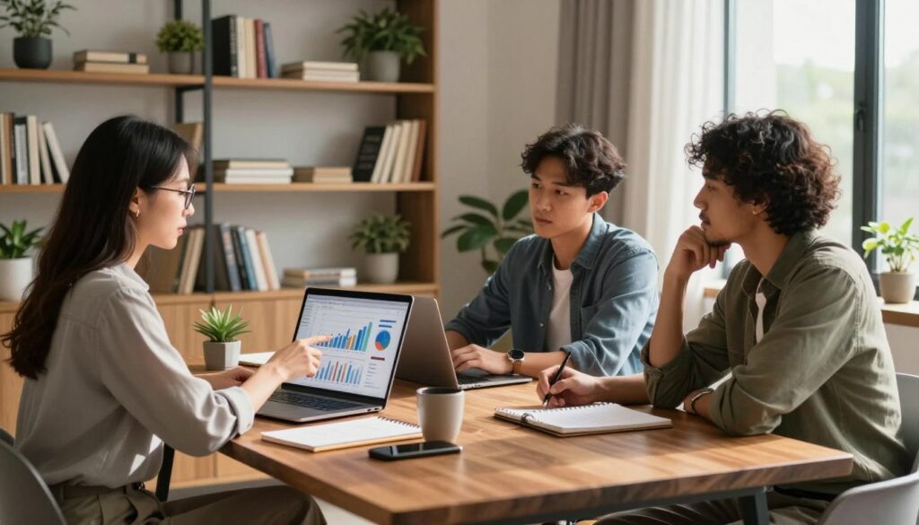 A contemporary home office scene, featuring a diverse group of three professionals seated around a sleek wooden table, engaged in an animated discussion about sponsored content strategies for blogging. In the foreground, a well-dressed woman with glasses is pointing at a laptop screen, while a casually dressed man leans back attentively, a notepad in front of him. To the side, a laptop displays graphs and analytics, symbolizing content performance. The background includes a stylish bookshelf filled with business books and decorative plants, creating an inviting atmosphere. Soft, natural light streams through a large window, casting gentle shadows and enhancing the collaborative feel. The overall mood is focused and innovative, reflecting the dynamic world of blogging and digital marketing.