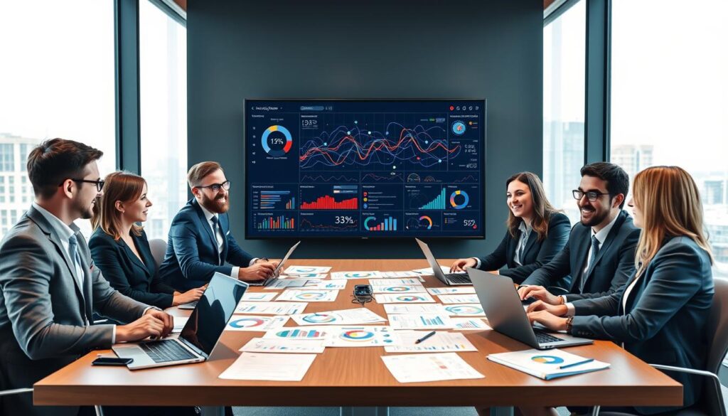 A contemporary office setting defined by a sleek, minimalistic design. In the foreground, a diverse group of professionals, dressed in smart business attire, are engaged in animated discussion around a large table covered with laptops and paperwork featuring colorful charts and graphs. In the middle, a digital screen displays a vibrant, interactive data dashboard showcasing natural language queries being navigated across extensive datasets represented by swirling data points and flowing lines. In the background, large windows let in bright, natural light, highlighting a cityscape. The atmosphere is dynamic and collaborative, with a sense of innovation and productivity in the air. Choose a wide-angle perspective to capture the entire scene, accentuating the interplay between technology and teamwork.
