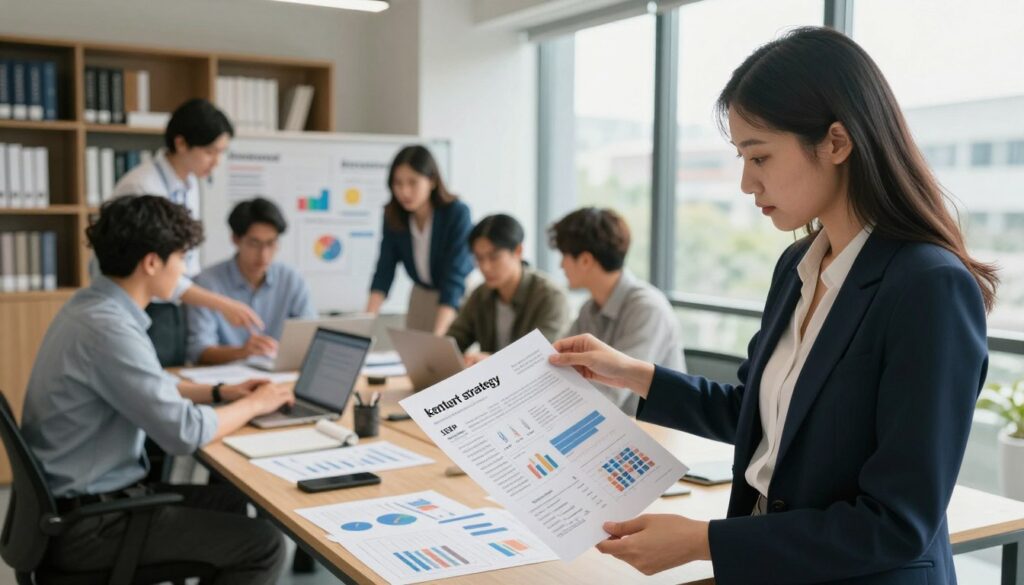 A contemporary office setting filled with professionals crafting documents. In the foreground, a businesswoman in smart attire is intently reviewing a large keyword strategy brief scattered with charts and graphs emphasizing SERP features. In the middle, several colleagues engage in discussion, analyzing data on laptops and whiteboards filled with optimization ideas. The background features sleek bookshelves with reference materials on digital marketing. Soft, natural light streams through large windows, creating a warm and collaborative atmosphere. The camera angle is slightly overhead, capturing the dynamic interactions while emphasizing the detailed briefs. The overall mood is focused and productive, inspiring creativity in keyword research and digital strategy.