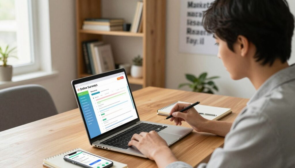 A cozy home office setting that showcases the concept of online surveys. In the foreground, a laptop displays a colorful online survey interface, surrounded by a notepad and a smartphone with survey apps open. In the middle, a focused individual in casual yet professional attire, with short dark hair, is engaged in filling out the survey, conveying concentration and interest. The background features a well-organized bookshelf with market research books and motivational posters about online income. Warm, natural lighting filters through a window, creating a bright and inviting atmosphere. The angle is slightly elevated, emphasizing both the individual and the laptop screen, while maintaining visual clarity on the survey content. The overall mood is productive and optimistic, reflecting the opportunities of online market research.