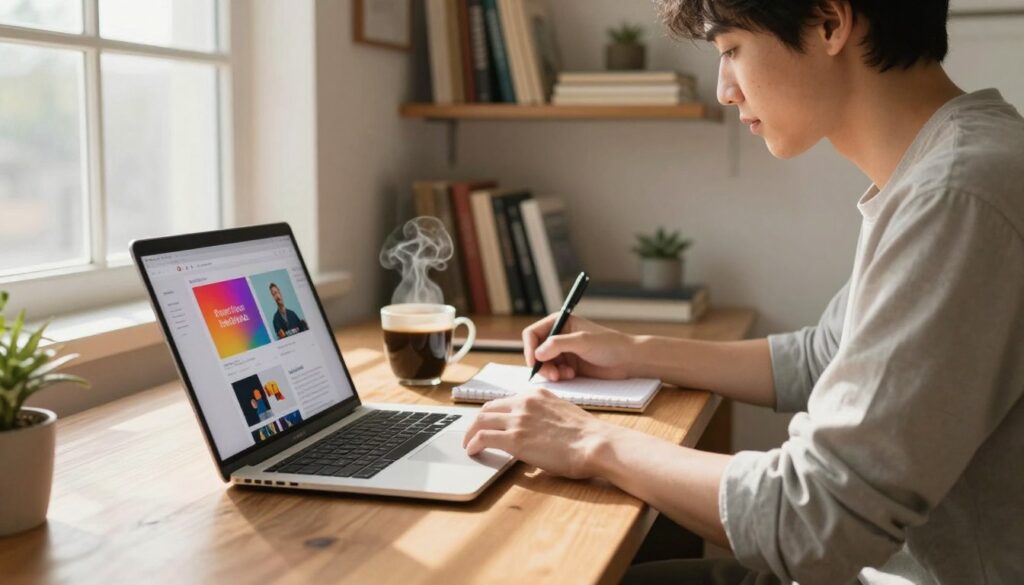 A cozy, well-organized home office space depicting a professional blogger at work. In the foreground, a laptop is open on a polished wooden desk, displaying a vibrant blog interface with colorful graphics. A cup of steaming coffee sits next to the laptop. The middle ground features a person in smart casual clothing, deeply engaged in writing, with a focused expression. Sunlight streams through a large window, casting soft shadows and illuminating the room with a warm, inviting glow. In the background, shelves are lined with books about blogging, finance, and entrepreneurship, adding to the atmosphere of a creative workspace. The overall mood is inspiring and productive, perfect for nurturing passive income through blogging. A cozy, well-organized home office space depicting a professional blogger at work. In the foreground, a laptop is open on a polished wooden desk, displaying a vibrant blog interface with colorful graphics. A cup of steaming coffee sits next to the laptop. The middle ground features a person in smart casual clothing, deeply engaged in writing, with a focused expression. Sunlight streams through a large window, casting soft shadows and illuminating the room with a warm, inviting glow. In the background, shelves are lined with books about blogging, finance, and entrepreneurship, adding to the atmosphere of a creative workspace. The overall mood is inspiring and productive, perfect for nurturing passive income through blogging.