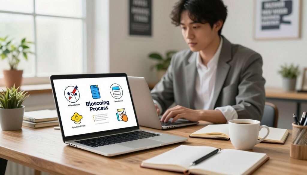 A cozy workspace featuring a stylish wooden desk cluttered with a laptop, notebooks, and a cup of coffee, symbolizing the blogging process. In the foreground, a graphic showcasing various monetization methods, like affiliate links, ads, and sponsored posts, is artistically illustrated on the laptop screen. In the middle ground, a professional person in smart casual attire is focused on the laptop, exuding concentration and determination. The background features a bright, inviting room with soft natural light streaming through a window, plants on the windowsill, and motivational posters on the walls, creating a productive and inspiring atmosphere. The overall mood is positive and entrepreneurial, emphasizing the journey of making money through blogging.