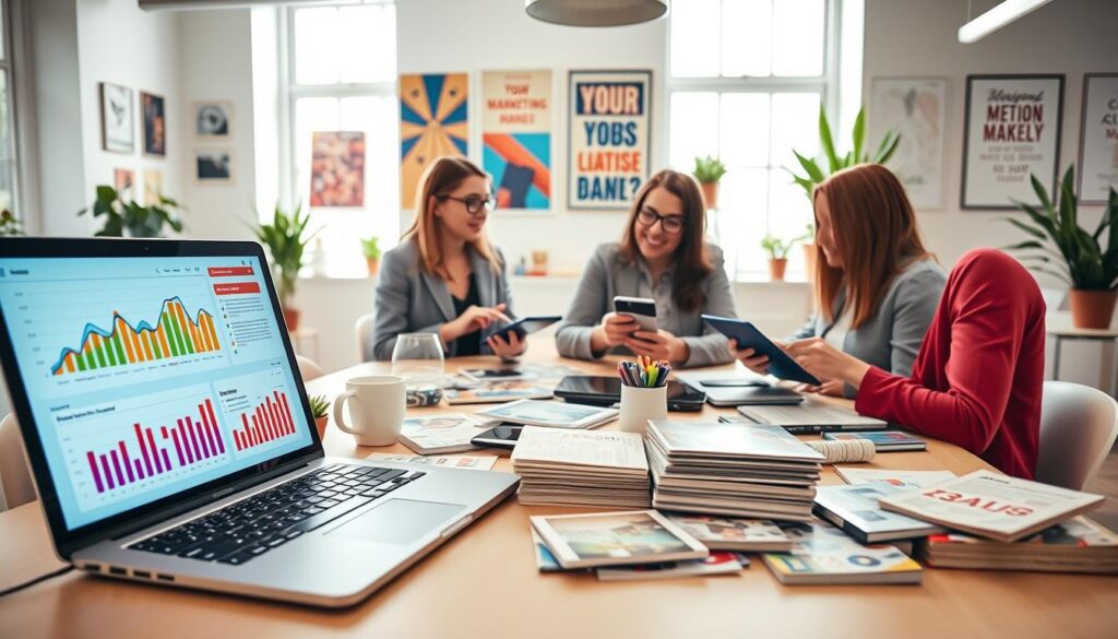 A creative workspace featuring a diverse range of beginner-friendly advertising tools for digital marketing campaigns. In the foreground, an open laptop displays vibrant marketing analytics, alongside a colorful array of marketing materials like flyers and social media posts. In the middle, a group of three professionals, dressed in smart casual clothing, collaborate around a table covered with tablets, smartphones, and printed guides, sharing ideas and strategies. The background shows a bright, modern office setting with inspirational posters and potted plants, creating an inviting atmosphere. Soft, natural light streams in through large windows, enhancing the creative and dynamic mood of teamwork and innovation.