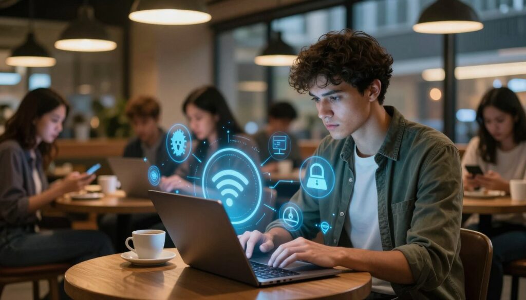 A cybersecurity professional analyzing potential risks on a public WiFi network. In the foreground, a focused individual in smart casual attire examines a laptop, surrounded by visual representations of digital threats like malware, phishing attempts, and data breaches in stylized icons. The middle ground features a bustling coffee shop environment with patrons using laptops and smartphones, creating a vibrant atmosphere. The background is a softly blurred cityscape, hinting at urban connectivity. Dramatic lighting from overhead lamps casts a warm glow, enhancing the serious yet vigilant mood. The scene is captured from a slightly elevated angle to emphasize the environment and the individual’s engagement with the visible security threats, highlighting the importance of awareness in public WiFi usage.