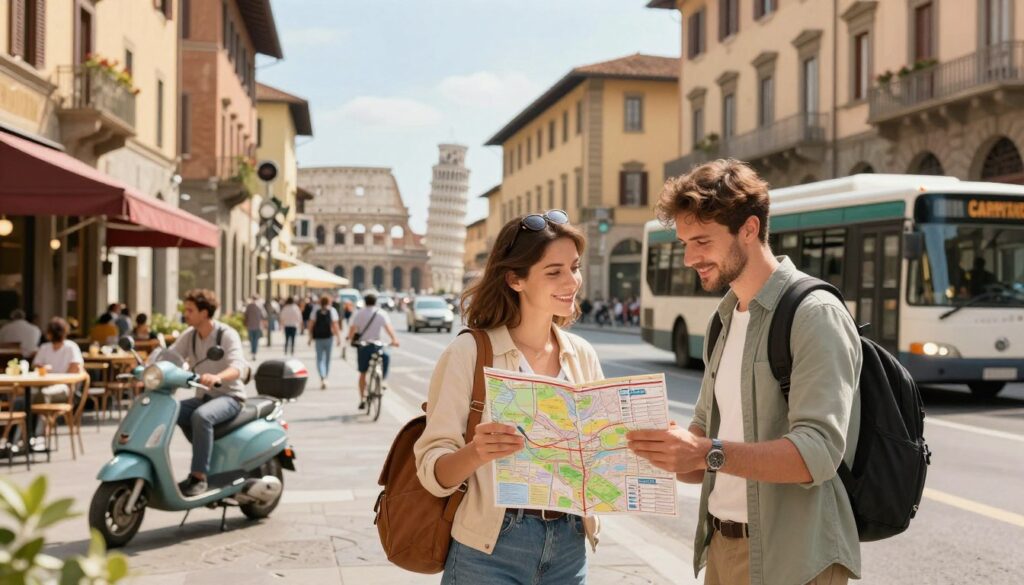 A detailed illustration of a safety transport guide relevant to living in Italy, featuring a visually rich scene. In the foreground, a well-dressed expat couple examines a city map, showcasing their modest casual clothing, while nearby a friendly local offers assistance with public transport schedules. The middle ground displays a bustling Italian street, lined with iconic architecture, cafés, and various modes of transport, including scooters, buses, and bicycles. In the background, the famous outline of a distant Italian landmark, such as the Colosseum or Leaning Tower of Pisa, emphasizes the cultural essence. The scene is illuminated by warm, natural lighting, capturing a lively afternoon atmosphere, balanced with shadows for depth. The overall mood conveys a sense of community, safety, and exploration as one navigates transport in a new country.