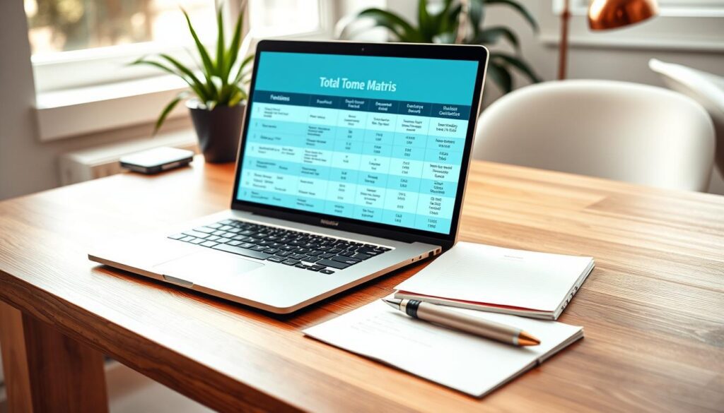 A detailed tool comparison matrix laid out on a sleek wooden desk. In the foreground, a modern laptop displays an interactive table, showcasing various online tools along with their features, benefits, and pricing. The middle layer includes an elegant notepad and a pen, indicating an organized workspace. The background features soft-focus elements like a potted plant and a stylish lamp, enhancing the professional atmosphere. The scene is bright and airy with natural lighting streaming in from a nearby window, casting gentle shadows. The overall mood is one of productivity and clarity, designed to evoke a sense of focus and decision-making in a business context.