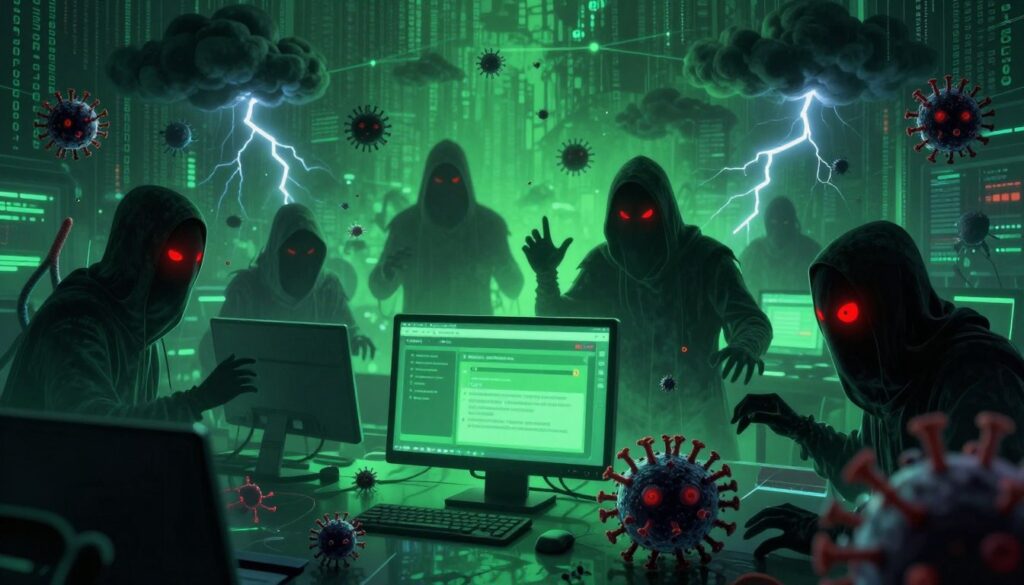 A detailed, visually rich illustration depicting various types of malware in a cyber threat landscape. In the foreground, show malicious software represented as shadowy, menacing figures like viruses, worms, and ransomware illustrated with glowing red eyes, blending into a digital code backdrop. The middle ground features a computer with visible alerts and warning messages, symbolizing an ongoing attack. In the background, a network of dark clouds and lightning streaks symbolizes the chaotic nature of cyber threats, illuminated by an eerie green glow to suggest danger. Use dramatic lighting to create tension, with sharp contrasts enhancing the sense of urgency. The overall mood is ominous yet informative, aiming to convey the seriousness of cybersecurity threats.