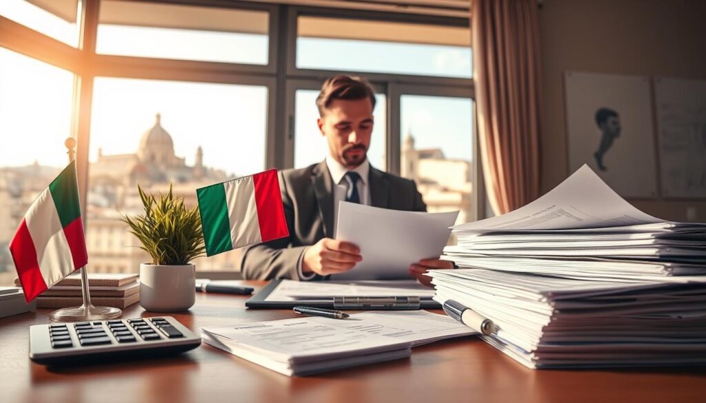 A detailed workspace scene illustrating the concept of taxes in Italy. In the foreground, a neatly arranged desk features a calculator, stacks of financial documents, and an Italian flag alongside a modest potted plant. In the middle ground, a professional individual, dressed in formal business attire, is engaged in reviewing tax forms with a focused expression. In the background, a large window reveals a view of a picturesque Italian cityscape with historic buildings, adding cultural context. Soft, natural light filters through the window, casting warm tones across the scene, creating an atmosphere of diligence and professionalism. The image captures the essence of financial responsibility in an Italian setting.