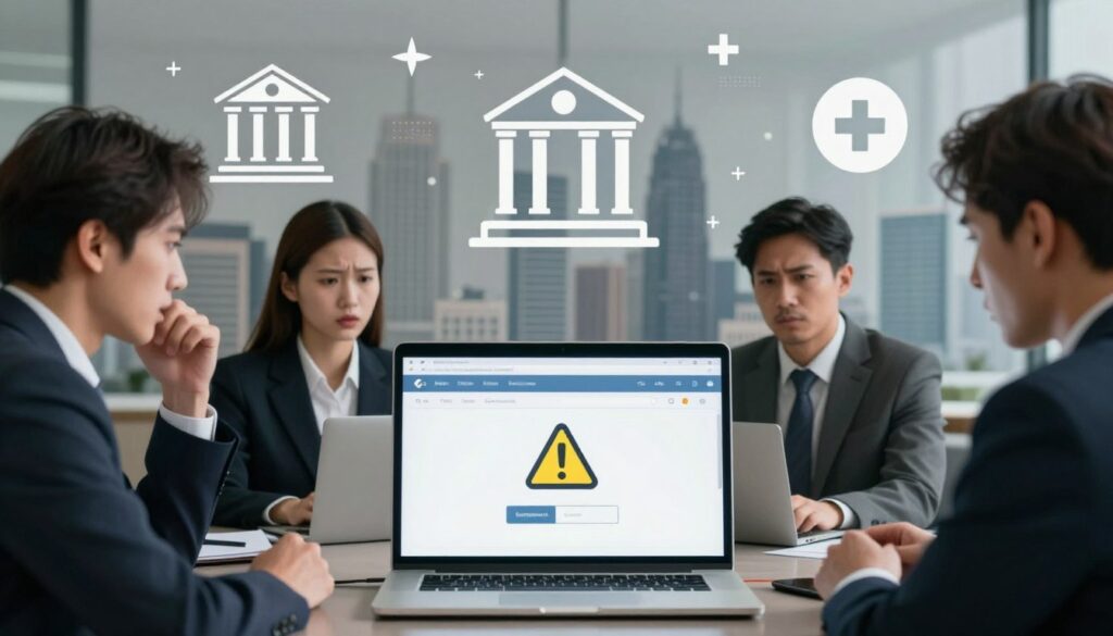 A digital collage depicting the risk of phishing attacks targeting various industries. In the foreground, a laptop screen shows a realistic phishing email with a warning symbol, surrounded by professional business attire individuals discussing concerns, their expressions serious and engaged. The middle ground features industry symbols like a bank, healthcare facility, and tech company logos, artistically merged to symbolize the diverse sectors under threat. The background displays a city skyline to represent the interconnectedness of these industries. Soft, moody lighting suggests urgency, with a slight focus on the laptop to emphasize the digital aspect of phishing. The overall atmosphere conveys tension and the need for vigilance against cyber threats.