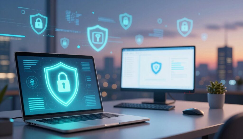 A digital illustration depicting robust web protection features, with a split-screen design. In the foreground, a sleek, modern laptop displays a glowing antivirus shield interface, radiating a blue-green light. The middle section showcases a serene workspace, emphasizing security tools like firewalls and identity protection software on the screen. In the background, abstract representations of cyber threats—such as floating code snippets and shield icons—fade into a tech-inspired city skyline at dusk, conveying a sense of security in a digital world. The lighting is soft yet vibrant, casting a professional and protective atmosphere, ideal for illustrating web security concepts. A digital illustration depicting robust web protection features, with a split-screen design. In the foreground, a sleek, modern laptop displays a glowing antivirus shield interface, radiating a blue-green light. The middle section showcases a serene workspace, emphasizing security tools like firewalls and identity protection software on the screen. In the background, abstract representations of cyber threats—such as floating code snippets and shield icons—fade into a tech-inspired city skyline at dusk, conveying a sense of security in a digital world. The lighting is soft yet vibrant, casting a professional and protective atmosphere, ideal for illustrating web security concepts.