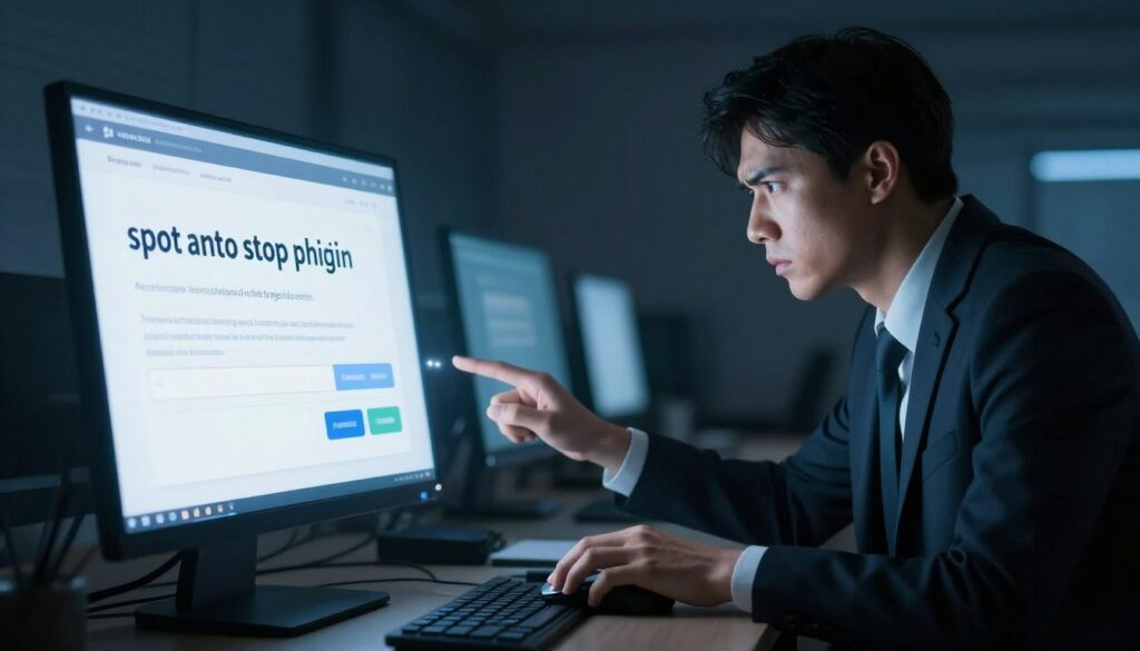 A digital illustration of a phishing scam concept. In the foreground, a computer screen displays a deceptive email with a fraudulent link, glimmering ominously. A hand reaches towards the mouse, hesitating, conveying an atmosphere of caution. In the middle ground, a blurred figure sits at a desk, dressed in professional attire, actively studying the screen with a furrowed brow, highlighting the importance of vigilance. The background is a dimly lit room with shadows that suggest an ominous atmosphere, further emphasizing the theme of cybersecurity. The lighting is focused on the screen, creating a contrast between the bright screen and the dark surroundings, enhancing the tension of the moment. The image captures the urgency to "spot and stop phishing" with a mood of alertness and caution.