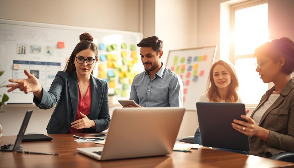 A diverse group of remote professionals collaborating in a modern, well-lit home office setting, symbolizing teamwork and overcoming challenges. In the foreground, a focused woman in professional attire gestures towards a laptop screen displaying a project management interface. Beside her, a man in casual business clothing takes notes on a digital tablet. The middle ground features a large whiteboard filled with colorful post-it notes, showcasing brainstorming ideas. In the background, bright sunlight streams through a window, casting warm light across the room, creating an optimistic atmosphere. The scene captures determination and productivity, emphasizing the importance of effective communication in remote work settings.