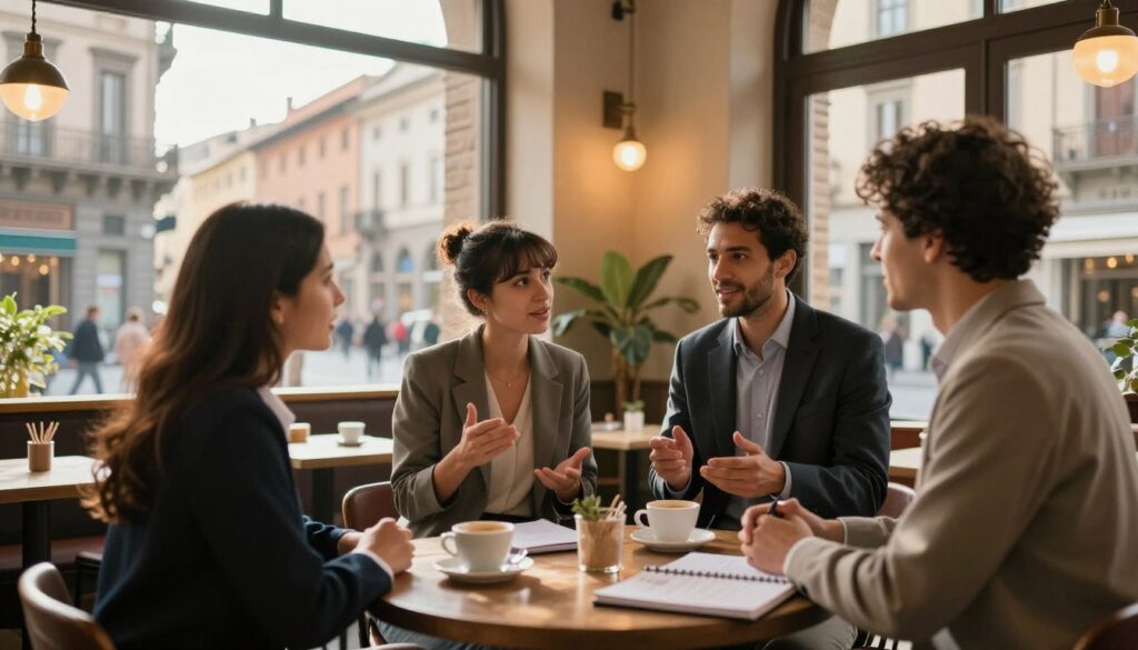 A diverse group of three professionals, representing different cultures and backgrounds, standing together in a vibrant, urban Italian café, engaged in a lively discussion. Foreground features a table with coffee cups and notebooks, signifying collaboration and language exchange. In the middle ground, the café’s cozy interior showcases rustic decor and large windows flooding the space with warm, golden afternoon light. In the background, a scenic view of bustling streets lined with historical architecture, suggesting a rich cultural backdrop. Capture the warmth and camaraderie among the individuals, dressed in professional business attire, while conveying a sense of community, inclusion, and the excitement of navigating life in a new country. Use a soft focus lens effect to create an inviting atmosphere, enhancing the feeling of connection and shared experience. A diverse group of three professionals, representing different cultures and backgrounds, standing together in a vibrant, urban Italian café, engaged in a lively discussion. Foreground features a table with coffee cups and notebooks, signifying collaboration and language exchange. In the middle ground, the café’s cozy interior showcases rustic decor and large windows flooding the space with warm, golden afternoon light. In the background, a scenic view of bustling streets lined with historical architecture, suggesting a rich cultural backdrop. Capture the warmth and camaraderie among the individuals, dressed in professional business attire, while conveying a sense of community, inclusion, and the excitement of navigating life in a new country. Use a soft focus lens effect to create an inviting atmosphere, enhancing the feeling of connection and shared experience.