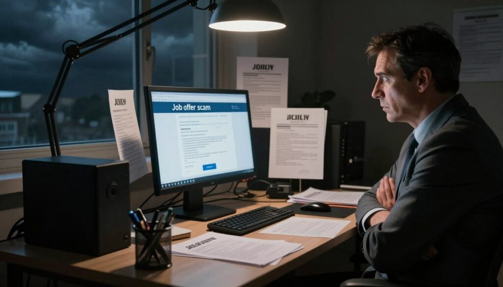 A dramatic scene illustrating a job offer scam, featuring a computer on a cluttered desk, displaying a fake job offer email on the screen. In the foreground, a skeptical individual in professional business attire, a middle-aged man, sits with crossed arms, examining the computer with suspicion. In the middle background, various documents scattered around, such as fake résumés and job descriptions, hint at deception. The room is dimly lit with a single overhead light casting ominous shadows. The atmosphere is tense and contemplative, highlighting the gravity of the situation. A window in the background shows a dark stormy sky, symbolizing the uncertainty and risks of online scams, creating a sense of urgency without any text or distractions.