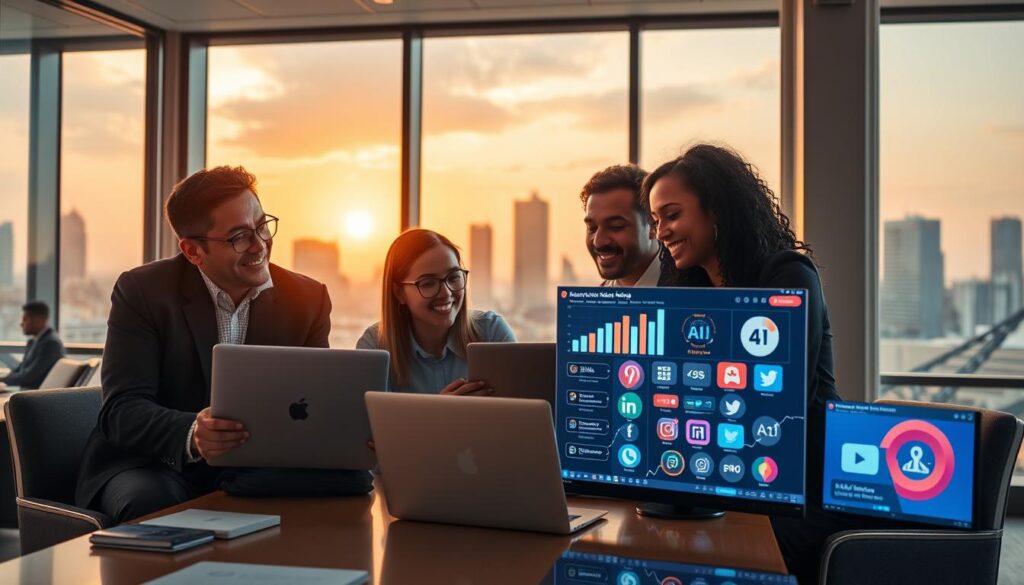 A dynamic and modern office environment showcasing a diverse team collaborating on social media strategy using AI tools. In the foreground, three professionals in smart casual attire engage with sleek laptops, brainstorming ideas with animated expressions. The middle ground includes digital screens displaying vibrant analytics and AI branding elements, with icons representing various social media platforms. The background features a large window revealing an urban skyline, bathed in warm, natural light to create an inviting atmosphere. The scene conveys a sense of innovation, teamwork, and productivity, with a lens perspective that emphasizes depth and focus on the team’s collaborative spirit. The overall mood is energetic and forward-thinking, illustrating the fusion of technology and creativity in shaping brand voice. A dynamic and modern office environment showcasing a diverse team collaborating on social media strategy using AI tools. In the foreground, three professionals in smart casual attire engage with sleek laptops, brainstorming ideas with animated expressions. The middle ground includes digital screens displaying vibrant analytics and AI branding elements, with icons representing various social media platforms. The background features a large window revealing an urban skyline, bathed in warm, natural light to create an inviting atmosphere. The scene conveys a sense of innovation, teamwork, and productivity, with a lens perspective that emphasizes depth and focus on the team’s collaborative spirit. The overall mood is energetic and forward-thinking, illustrating the fusion of technology and creativity in shaping brand voice.