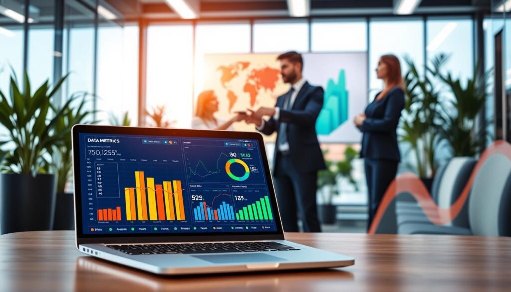 A dynamic digital landscape illustrating data metrics in an office environment. In the foreground, a sleek modern laptop displays colorful charts, graphs, and numerical data, emphasizing time saved and performance gains. The middle ground features professionals in business attire, engaged in discussion, pointing at a large digital display showcasing real-time metrics. The background consists of a contemporary office setting with glass walls, plants, and bright, natural lighting pouring in, creating an inviting and productive atmosphere. The color palette is vibrant yet professional, with blue, green, and orange accents. The mood is optimistic and forward-thinking, reflecting the positive impact of AI on efficiency and error reduction. Capture this scene from a slightly elevated angle to convey progress and innovation.