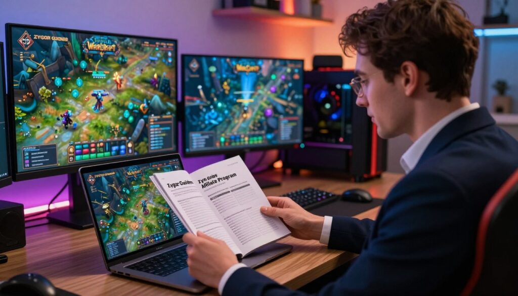 A dynamic scene depicting a skilled gamer presenting the Zygor Guides Affiliate Program, focusing on World of Warcraft. In the foreground, a confident gamer, dressed in professional business attire, intently reviews a detailed guide on a sleek laptop, with visible game maps and character stats. The middle ground features a vibrant display of Zygor Guides graphics on multiple screens, showcasing impressive in-game achievements. The background displays a cozy and modern gaming room, accented with LED lights that enhance the lively atmosphere. The lighting is warm and focused, creating an engaging and motivational mood. The camera angle is slightly elevated, capturing the energy of the gaming space while maintaining clarity on the relevant details of the program.