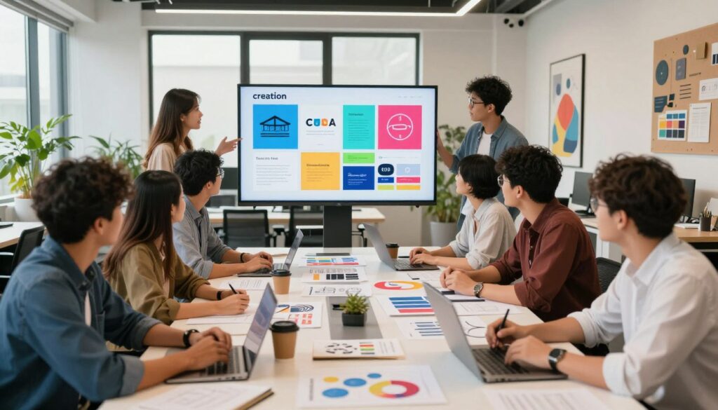 A dynamic scene illustrating the concept of "creation" within a startup environment. In the foreground, a diverse group of young professionals, dressed in smart casual attire, brainstorm ideas around a modern conference table covered with design prototypes, sketches, and branding materials. The middle layer showcases a digital screen displaying vibrant branding concepts, logos, and color palettes. In the background, a bright and airy office space with large windows, allowing natural light to flood in, features greenery and motivational artwork on the walls. The atmosphere is energetic and collaborative, reflecting innovation and excitement. The lighting is warm and inviting, capturing the essence of teamwork and creativity in action. A dynamic scene illustrating the concept of "creation" within a startup environment. In the foreground, a diverse group of young professionals, dressed in smart casual attire, brainstorm ideas around a modern conference table covered with design prototypes, sketches, and branding materials. The middle layer showcases a digital screen displaying vibrant branding concepts, logos, and color palettes. In the background, a bright and airy office space with large windows, allowing natural light to flood in, features greenery and motivational artwork on the walls. The atmosphere is energetic and collaborative, reflecting innovation and excitement. The lighting is warm and inviting, capturing the essence of teamwork and creativity in action.