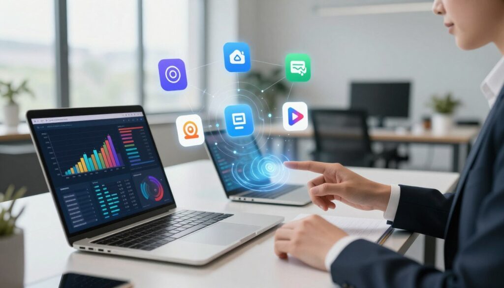 A dynamic workspace featuring various automation apps interacting seamlessly. In the foreground, a sleek laptop displays colorful graphs and dashboards representing data automation in action, while a hand, clad in a smart business attire, gestures over a touchscreen interface. The middle ground reveals interconnected digital icons and app logos floating above, symbolizing the orchestration of data and AI, with a subtle glow. In the background, a modern office is illuminated by soft, natural light streaming through large windows, creating a professional and inspiring atmosphere. A clean and organized desk holds tech gadgets and a notepad, enhancing the sense of productivity. The image encapsulates the essence of efficient time management through automation.