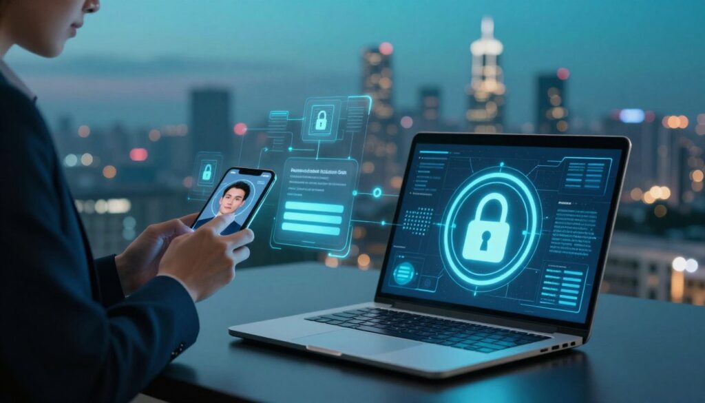 A futuristic digital landscape representing passkeys security in a cyber world. In the foreground, a sleek, modern laptop with an illuminated screen displaying a virtual lock icon and biometric authentication symbol. To the left, a person in professional attire is interacting with a smartphone using a facial recognition feature, showcasing device security. In the middle ground, abstract representations of interconnected devices and data chains symbolize passwordless login and security protocols. The background features a glowing city skyline at dusk, with a teal and deep blue color scheme, conveying a high-tech atmosphere. Soft, ambient lighting enhances the sense of innovation and safety. A slight depth of field effect emphasizes clarity on the foreground subjects while maintaining an intriguing blurred cityscape backdrop.