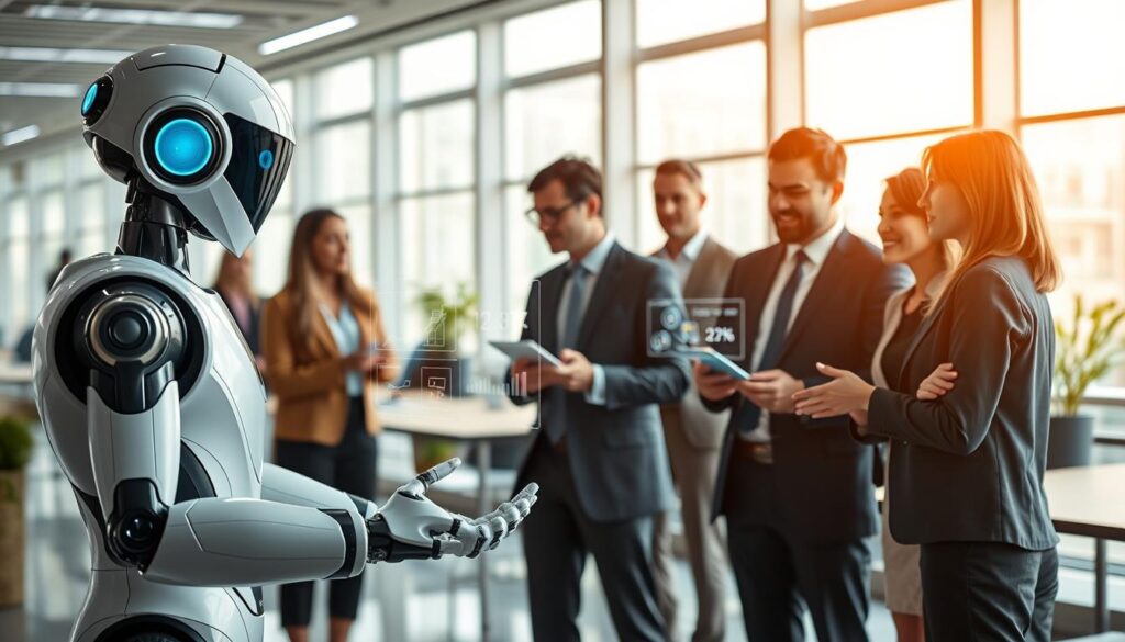 A futuristic digital workspace featuring Lindy AI autonomous agents. In the foreground, highlight a sleek, advanced robotic assistant interacting with holographic displays, showcasing data analytics and task automation. The middle ground includes diverse professionals in business attire collaborating seamlessly with these digital employees, exchanging ideas with animated digital interfaces. The background features a modern office environment with large windows, allowing natural light to illuminate the scene, creating a bright and inspiring atmosphere. Use a wide-angle perspective to capture the dynamic interactions between humans and technology. The overall mood should convey innovation and efficiency, emphasizing a seamless integration of AI in the workplace.