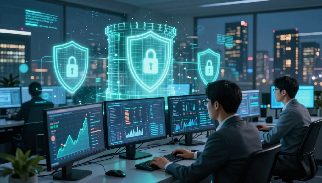 A futuristic office environment depicting malware protection as a digital fortress. In the foreground, a professional person in business attire analyzes data on multiple monitors displaying graphs and threat alerts, with focused expressions. The middle layer features holographic shields and firewalls visualizing data security in bright neon colors. In the background, a sleek city skyline is illuminated at dusk, symbolizing a secure digital future. The lighting is a blend of cool blue and green tones, casting a calming yet vigilant atmosphere. The image conveys a sense of security and proactive monitoring, emphasizing the importance of continuous protection against digital threats.