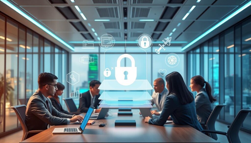 A futuristic office environment serves as the backdrop for a layered security implementation. In the foreground, a diverse group of professionals in business attire are discussing security protocols around a table filled with digital devices, such as laptops and security monitors displaying graphs and alerts. In the middle ground, a transparent digital overlay shows various security layers such as firewalls, encryption symbols, and data protection icons, illustrating the key components of cybersecurity. The background features floor-to-ceiling windows with city skyline views, bathed in soft blue and green lighting to evoke a sense of innovation and safety. The atmosphere is focused and collaborative, capturing the essence of teamwork in protecting digital assets while emphasizing high-tech solutions and strategic planning.