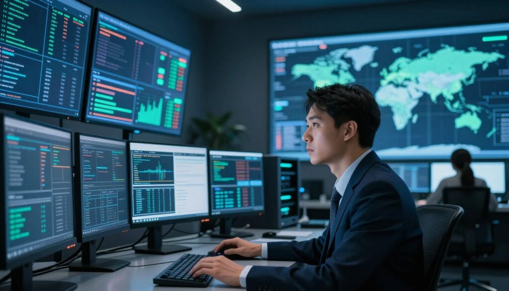 A high-tech cybersecurity control room featuring multiple large screens displaying dynamic graphs and security alerts. In the foreground, a professional in business attire is intently monitoring the data, illustrating the human element of endpoint protection. The middle ground showcases advanced technology, including computer servers and a digital wall map highlighting global threat locations. The background has a dimly lit ambiance with sleek blue and green LED lighting, conveying a sense of urgency and high-stakes vigilance. The composition captures a shallow depth of field, focusing on the professional's expression of concentration. The mood is serious and focused, emphasizing the importance of safeguarding endpoints, access, and identity controls in cybersecurity.