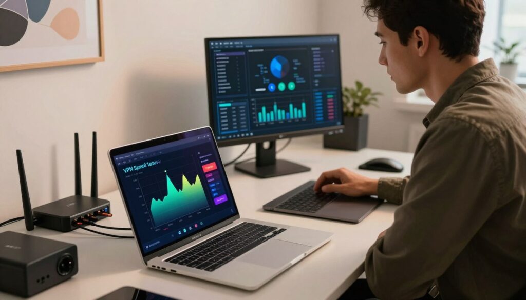 A high-tech scene of a modern workspace focused on VPN speed tests. In the foreground, a sleek laptop displays a vibrant VPN speed test result on its screen, showing metrics like download and upload speeds in colorful graphs. Surrounding the laptop are advanced networking gadgets such as routers and cables. The middle ground features a professional individual in smart casual attire, intently analyzing data on another monitor with a digital dashboard, reflecting the results of various VPN services. The background showcases a soft-lit, minimalist office environment with abstract tech-themed art on the walls. Use a warm, inviting light to create a focused yet relaxed atmosphere, conveying an air of professionalism and technical expertise. Opt for a slightly elevated angle to capture the workspace dynamics effectively.