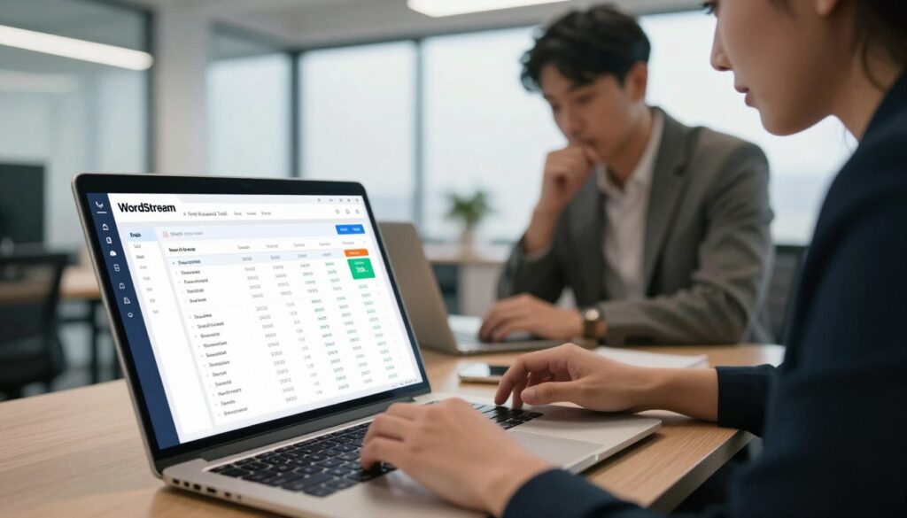 A high-tech workspace featuring a digital interface displaying the WordStream free keyword tool. In the foreground, a sleek laptop with an open screen shows a vibrant dashboard with keyword metrics such as search volume and cost-per-click (CPC) highlighted. In the middle layer, a professional individual in business attire is engaged in thoughtful analysis, looking intently at the screen. The background is softly blurred, revealing a modern office setting with large windows, allowing natural light to flood the room, creating a warm and inviting atmosphere. Use a slightly elevated angle for a dynamic perspective, enhancing the focus on the laptop and the user’s interaction with the tool. Overall, the image conveys a sense of productivity and innovation in digital marketing.