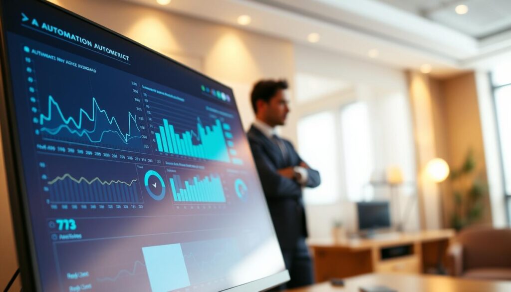 A modern automation dashboard displayed on a sleek high-resolution monitor, showcasing various data visualizations like line graphs, pie charts, and KPI metrics. In the foreground, the screen glows softly with blue and green tones, reflecting a high-tech environment. In the middle background, a blurred figure in professional attire is contemplating the dashboard, contributing to an atmosphere of focused evaluation and decision-making. The room is softly illuminated with warm lighting that emphasizes the technological elements without harsh glare. The angle is slightly tilted from above, providing a comprehensive view of the dashboard's content. The mood is serious yet optimistic, underscoring the potential of automation while hinting at the importance of realistic expectations and measurable indicators.