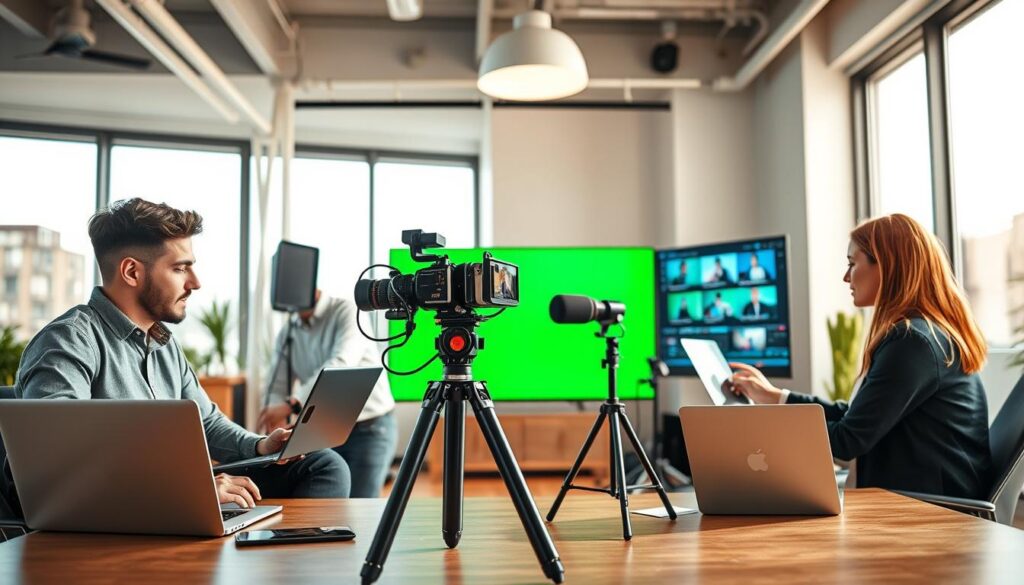 A modern, collaborative workspace featuring a high-tech video production setup. In the foreground, a diverse group of professionals—two men and a woman—are intently discussing video editing on sleek laptops, dressed in smart casual attire. In the middle, there’s an advanced camera on a tripod aimed at a vibrant green screen, with various video equipment like microphones and lighting rigs arranged around it. The background shows a large monitor displaying colorful video editing software, with video clips playing. Natural daylight floods the room through large windows, creating a warm, inviting atmosphere. The focus is on innovation and teamwork in video content creation, capturing the essence of both short-form and long-form video production in 2025. A modern, collaborative workspace featuring a high-tech video production setup. In the foreground, a diverse group of professionals—two men and a woman—are intently discussing video editing on sleek laptops, dressed in smart casual attire. In the middle, there’s an advanced camera on a tripod aimed at a vibrant green screen, with various video equipment like microphones and lighting rigs arranged around it. The background shows a large monitor displaying colorful video editing software, with video clips playing. Natural daylight floods the room through large windows, creating a warm, inviting atmosphere. The focus is on innovation and teamwork in video content creation, capturing the essence of both short-form and long-form video production in 2025.