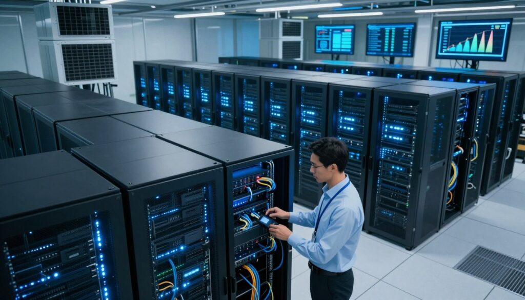 A modern data center filled with server racks and high-tech equipment, illuminated by soft blue and white LED lights. In the foreground, a professional IT technician in smart business attire is examining a server, showcasing expertise. The middle ground features rows of blinking servers and cables, symbolizing robust web hosting infrastructure. In the background, large cooling systems and digital displays indicating storage capacity and bandwidth metrics add a high-tech feel. The image captures a dynamic atmosphere of innovation and reliability. The perspective is slightly angled from above, providing a comprehensive view of the entire setup, emphasizing professionalism and serious business in the web hosting industry. A modern data center filled with server racks and high-tech equipment, illuminated by soft blue and white LED lights. In the foreground, a professional IT technician in smart business attire is examining a server, showcasing expertise. The middle ground features rows of blinking servers and cables, symbolizing robust web hosting infrastructure. In the background, large cooling systems and digital displays indicating storage capacity and bandwidth metrics add a high-tech feel. The image captures a dynamic atmosphere of innovation and reliability. The perspective is slightly angled from above, providing a comprehensive view of the entire setup, emphasizing professionalism and serious business in the web hosting industry.