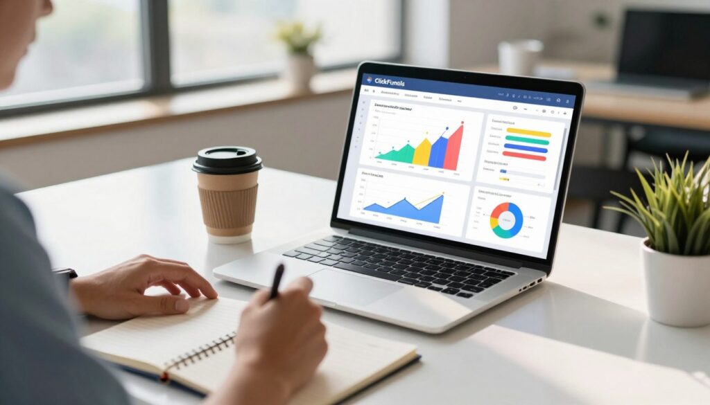 A modern digital workspace featuring a sleek laptop opened to a vibrant ClickFunnels dashboard, displaying colorful graphs and charts representing successful email marketing campaigns. In the foreground, a focused professional in business attire is analyzing the data, with a notepad and pen at hand. In the middle, a stylish coffee cup sits beside the laptop, exuding a creative, energized atmosphere. The background showcases a bright office with large windows letting in soft, natural light, casting gentle reflections on the polished desk. A potted plant adds a touch of greenery, conveying a fresh and engaging environment. The overall mood is productive and inspiring, emphasizing the potential of ClickFunnels in email marketing success.