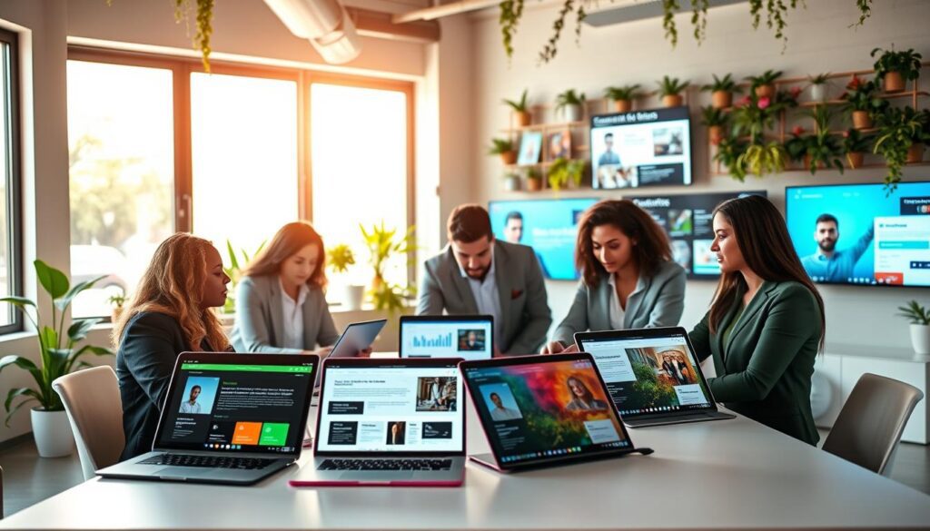 A modern digital workspace showcasing a content creation platform. In the foreground, a diverse group of professionals in smart casual attire collaborates around a sleek, minimalist table with laptops and digital tablets open, displaying colorful user interfaces of writing and editing tools. In the middle ground, large windows let in soft, natural light, illuminating the space and creating an inspiring atmosphere. The background features a wall filled with plants and digital screens displaying analytics and creative content, enhancing the sense of innovation and productivity. The overall mood is vibrant and focused, capturing the essence of teamwork and creativity in the realm of content creation. The image should have a soft focus with warm lighting to evoke a welcoming and professional environment.