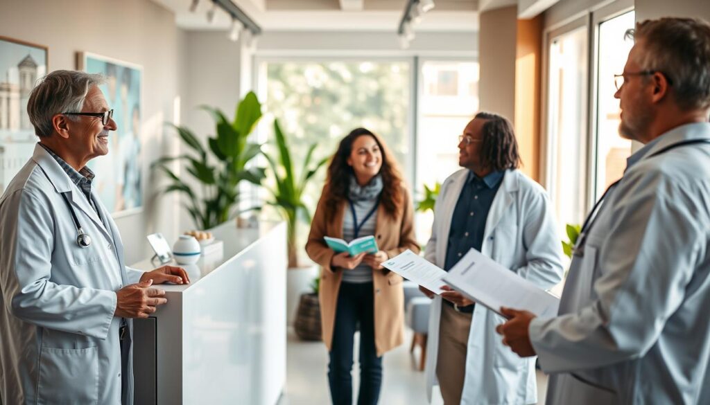 A modern healthcare setting showcasing a friendly, professional medical office in Italy. In the foreground, a doctor in a white coat, wearing glasses, is discussing healthcare options with a diverse couple, who appear engaged and informed, both dressed in smart casual attire. The middle of the image features a sleek reception desk with health brochures about public and private insurance options. In the background, large windows let in warm, natural sunlight, illuminating the clean, inviting space with plants and modern art on the walls. The atmosphere is welcoming and supportive, emphasizing the importance of healthcare in the expat experience. The scene should be well-lit with a soft focus, creating a sense of clarity and optimism about health accessibility in Italy.