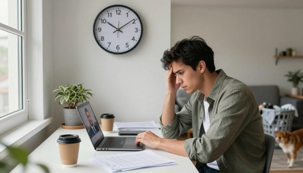A modern home office environment showcasing the challenges of remote work. In the foreground, a focused young professional in smart casual attire, looking slightly frustrated, surrounded by an array of paperwork, an open laptop displaying a video conference, and a cluttered desk filled with coffee cups and digital devices. The middle ground features a wall clock showing differing time zones, symbolizing global collaboration challenges. In the background, a cozy living space with hints of distraction, such as a playful pet and an overflowing laundry basket. Soft, natural light streams in through a window, creating a warm yet slightly chaotic atmosphere. The composition captures the tension and reality of navigating remote work challenges amid the comfort of home.