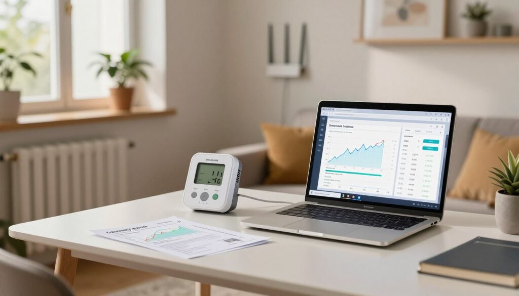 A modern home office setup illustrating utilities, featuring a sleek desk with a laptop displaying broadband speed graphs and utility bills. In the foreground, a smart meter and utility bill documents show varying costs for electricity, gas, water, and heat. The middle ground includes a cozy living area with a radiator and a wall-mounted internet router, emphasizing connectivity. In the background, a large window lets in natural light, illuminating potted plants. The atmosphere is warm and inviting, highlighting a harmonious blend of technology and home comfort, conveying the financial aspects of living in Italy. Use soft, diffused lighting to enhance the cozy mood, with a slight focus on the desk area to draw attention to the utilities theme. A modern home office setup illustrating utilities, featuring a sleek desk with a laptop displaying broadband speed graphs and utility bills. In the foreground, a smart meter and utility bill documents show varying costs for electricity, gas, water, and heat. The middle ground includes a cozy living area with a radiator and a wall-mounted internet router, emphasizing connectivity. In the background, a large window lets in natural light, illuminating potted plants. The atmosphere is warm and inviting, highlighting a harmonious blend of technology and home comfort, conveying the financial aspects of living in Italy. Use soft, diffused lighting to enhance the cozy mood, with a slight focus on the desk area to draw attention to the utilities theme.