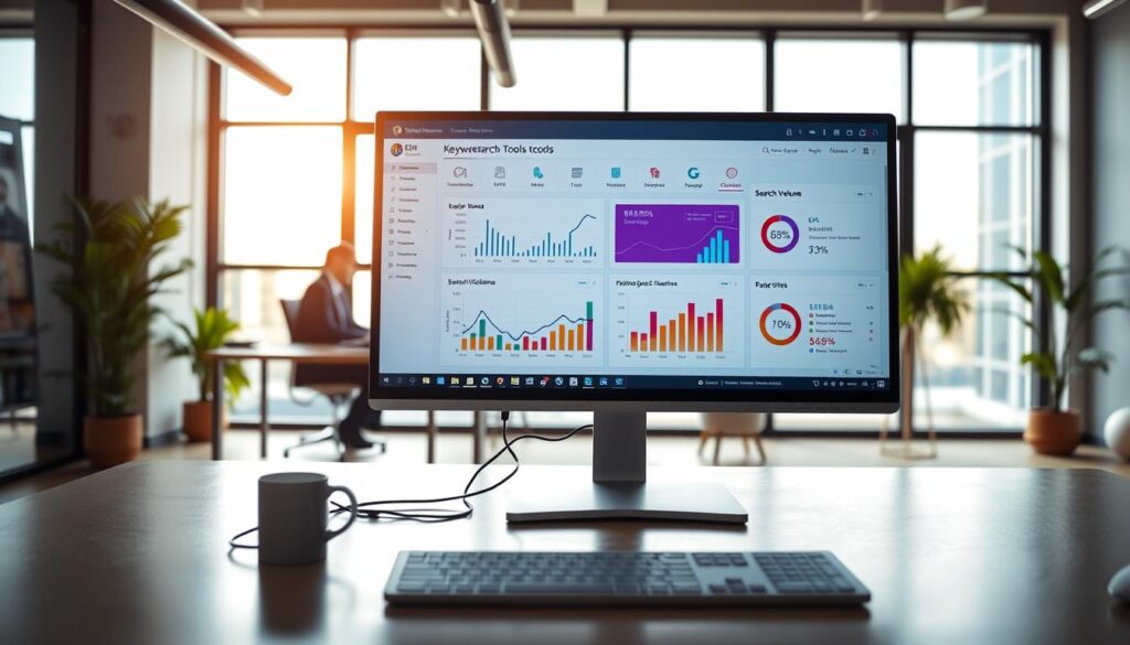 A modern keyword research tools dashboard displayed on a sleek computer monitor. In the foreground, the dashboard features colorful, interactive charts and graphs, showcasing keyword trends and search volume data, with icons representing popular SEO metrics. The middle ground includes a stylish office setup with a professional sitting at a desk, dressed in smart business attire, analyzing the dashboard on a laptop. The background exhibits a bright, well-lit office space with large windows, allowing natural light to flood in, enhancing the focus on the dashboard. The mood is one of productivity and innovation, capturing the essence of digital marketing and SEO strategies. The angle is slightly above eye level, giving a clear view of both the person and the dashboard.