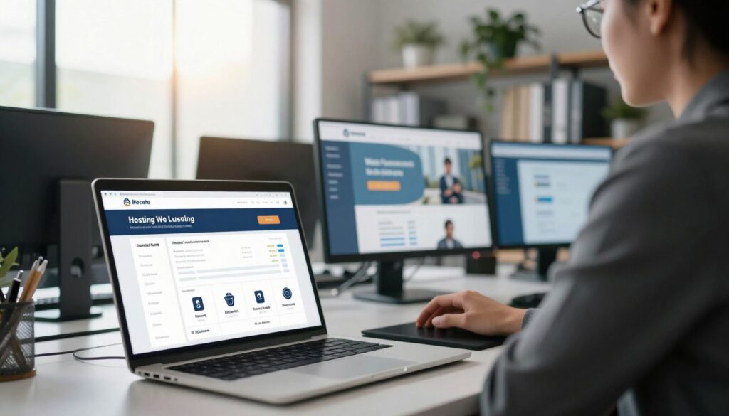 A modern, minimalist office environment depicting a professional business person in smart attire, sitting at a sleek desk filled with computer screens displaying web hosting pricing plans and statistics. The foreground features a close-up of a laptop with a pricing chart, emphasizing first-year promotional rates, renewal fees, and money-back guarantee icons. In the middle, a large window allows soft, natural light to illuminate the workspace, enhancing a productive atmosphere. The background shows shelves filled with tech books and plant life, creating a calming and inviting space. A subtle lens flare from the sunlight adds warmth to the scene, while a slight depth of field blurs the background slightly, focusing on the pricing details. The mood is informative and professional, encouraging analysis and decision-making. A modern, minimalist office environment depicting a professional business person in smart attire, sitting at a sleek desk filled with computer screens displaying web hosting pricing plans and statistics. The foreground features a close-up of a laptop with a pricing chart, emphasizing first-year promotional rates, renewal fees, and money-back guarantee icons. In the middle, a large window allows soft, natural light to illuminate the workspace, enhancing a productive atmosphere. The background shows shelves filled with tech books and plant life, creating a calming and inviting space. A subtle lens flare from the sunlight adds warmth to the scene, while a slight depth of field blurs the background slightly, focusing on the pricing details. The mood is informative and professional, encouraging analysis and decision-making.