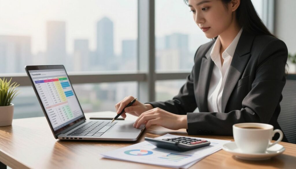 A modern office desk scene depicting budget planning for a business. In the foreground, there’s a sleek laptop open with colorful spreadsheets showing expenses and savings. Scattered around are financial documents, a calculator, and a cup of coffee, all on a polished wooden desk. In the middle ground, a professional businesswoman in smart attire is intently reviewing the data, with a focused expression. The background features a soft-focus city skyline visible through large windows, bathed in warm, natural light that creates a productive and optimistic atmosphere. The overall mood conveys diligence and strategic thinking, emphasizing careful financial management and planning.