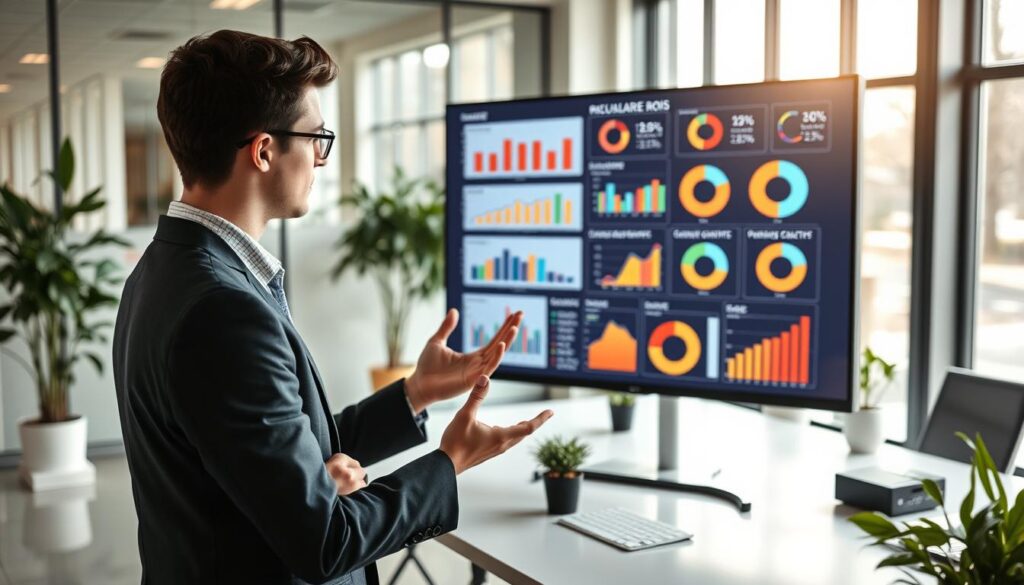 A modern office environment depicting a business analyst analyzing a large screen displaying graphs and charts illustrating ROI analysis. In the foreground, the analyst, a young professional in smart business attire, gestures toward the screen, deep in thought. In the middle, the screen is filled with colorful bar graphs and pie charts showcasing various metrics related to business performance and ROI. The background features a well-organized workspace with a sleek desk, potted plants, and large windows letting in natural light, creating a bright and inspiring atmosphere. The overall mood is focused and professional, captured with a slightly elevated angle to emphasize the data and the analyst's engagement with it. Soft, diffused lighting enhances the clarity of the screen while keeping the entire scene well-lit and inviting.