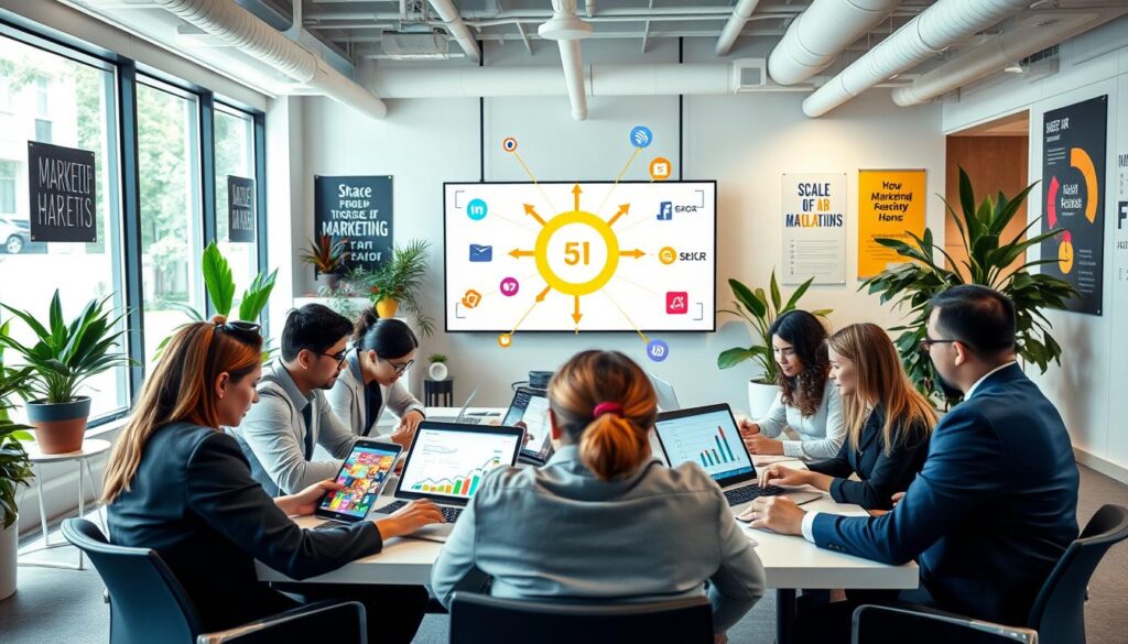 A modern office environment filled with people collaborating on marketing strategies. In the foreground, a diverse group of professionals in business attire are gathered around a table, analyzing colorful charts and graphs on laptops and digital tablets. In the middle ground, a large screen displays various marketing integrations, showcasing popular tools and platforms connected with dynamic arrows symbolizing data flow. The background features a bright, spacious office with large windows letting in natural light, vibrant plants, and motivational posters related to communication and innovation. The atmosphere is energetic and collaborative, conveying a sense of growth and determination in scaling marketing campaigns. Soft, diffused lighting enhances the professional yet inviting mood.